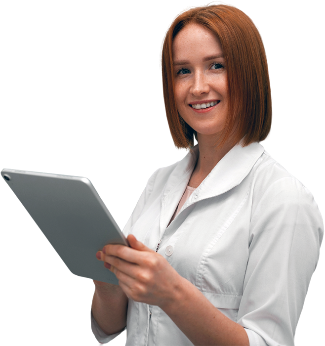 Female pharmacist working with tablet